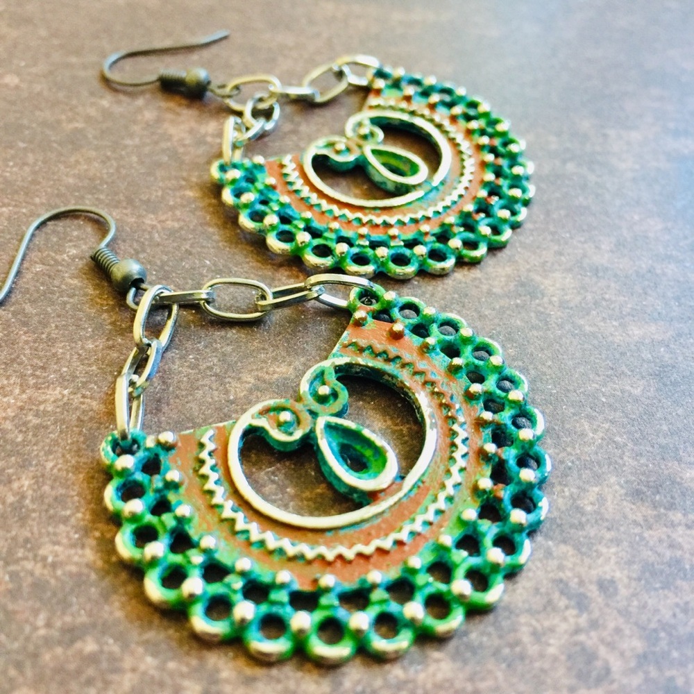 Distressed verdigris rust crescent moon earrings